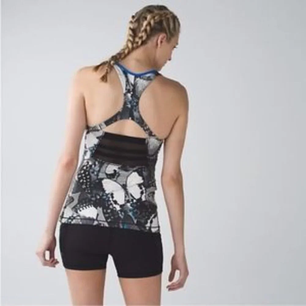 Lululemon Mesh With Me Tank Exploded‎ So Fly Butterfly Wing Print Black/Blue 4